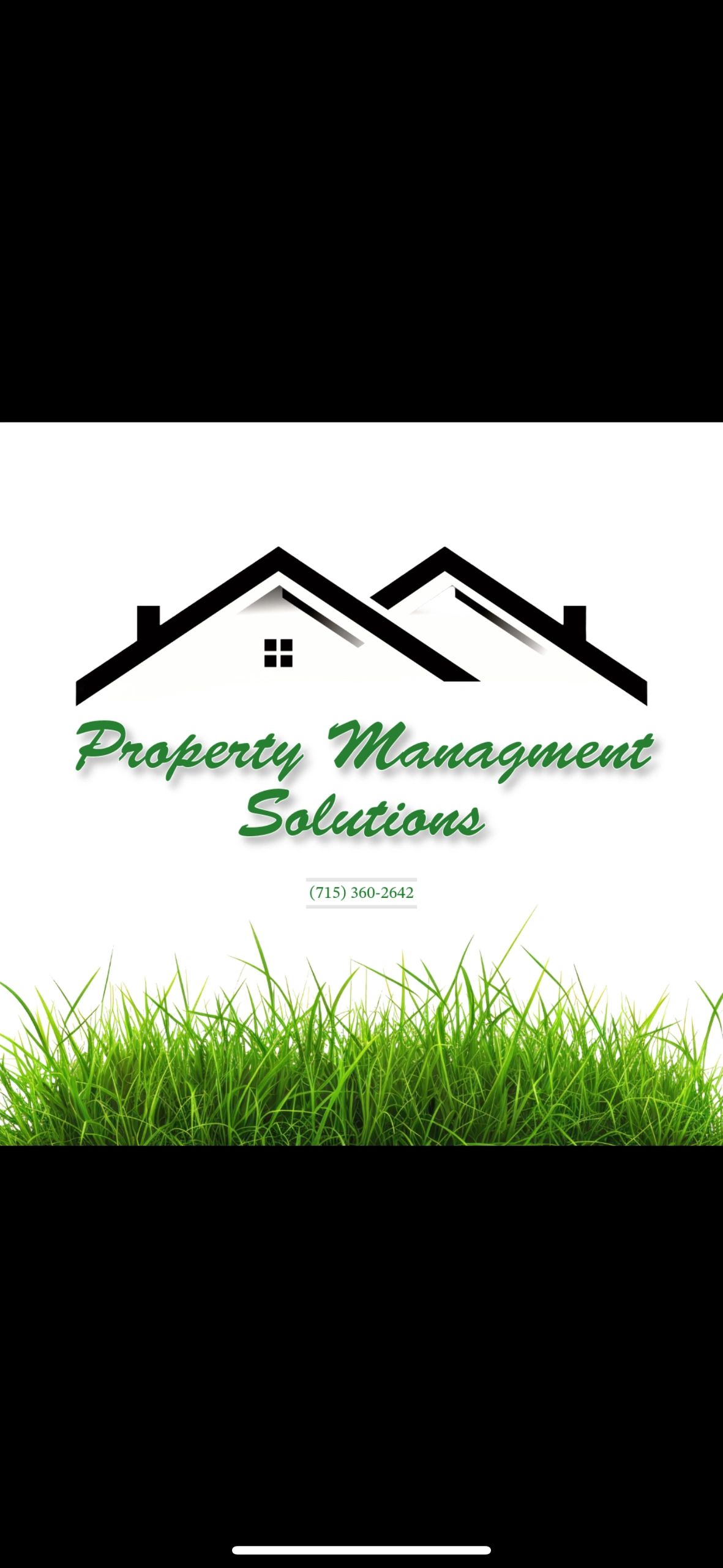 Property Management Solutions mark: two overlapping rooftops, the shop name, (715) 360-2642, and a band of grass. Graphic from the live site.