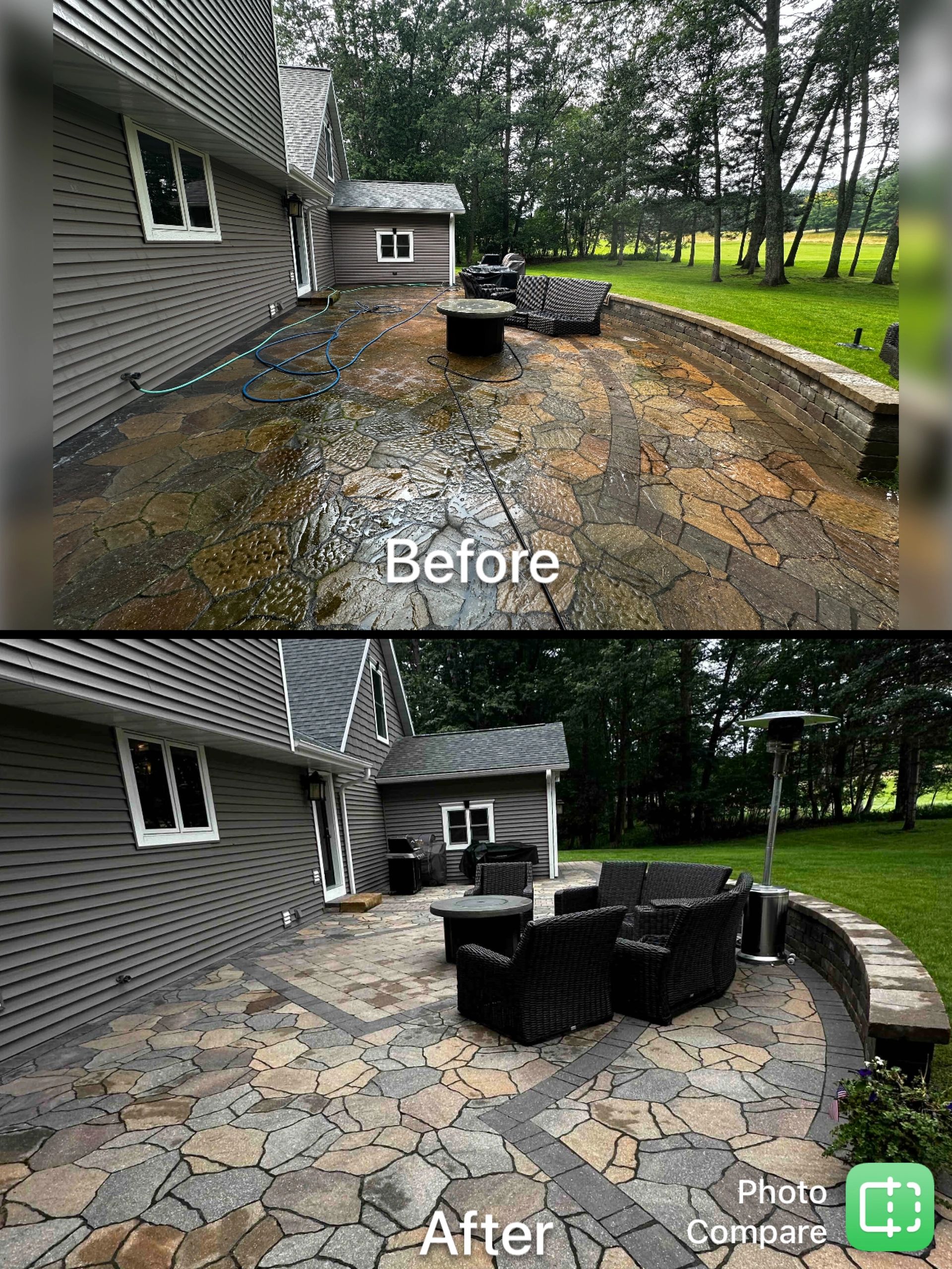 Flagstone patio before and after a wash, moss gone, stones back to tan and rust. Photo from the Property Management Solutions site.