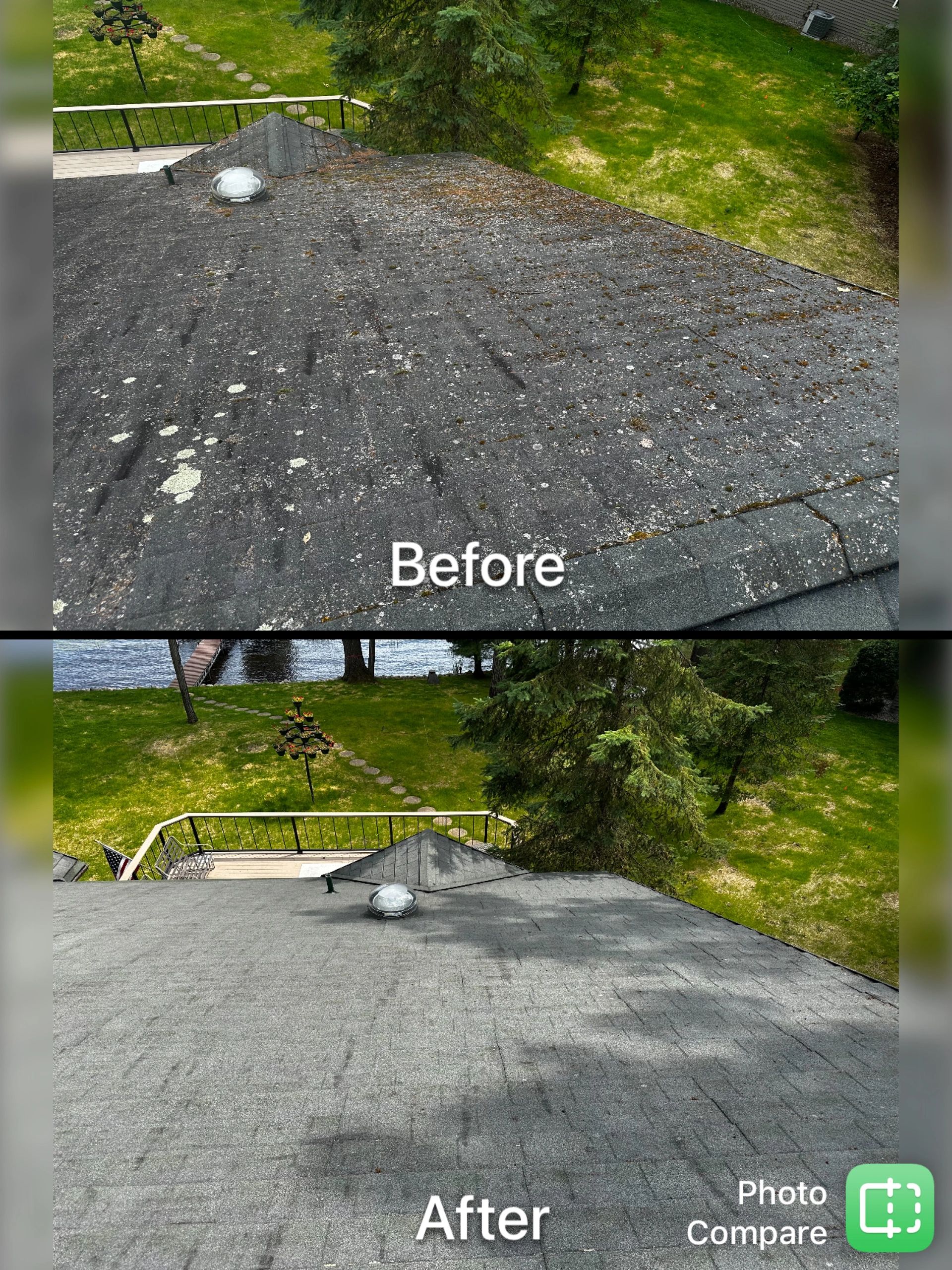 Roof wash before and after, lake and dock in the after frame. Photo from the Property Management Solutions site.