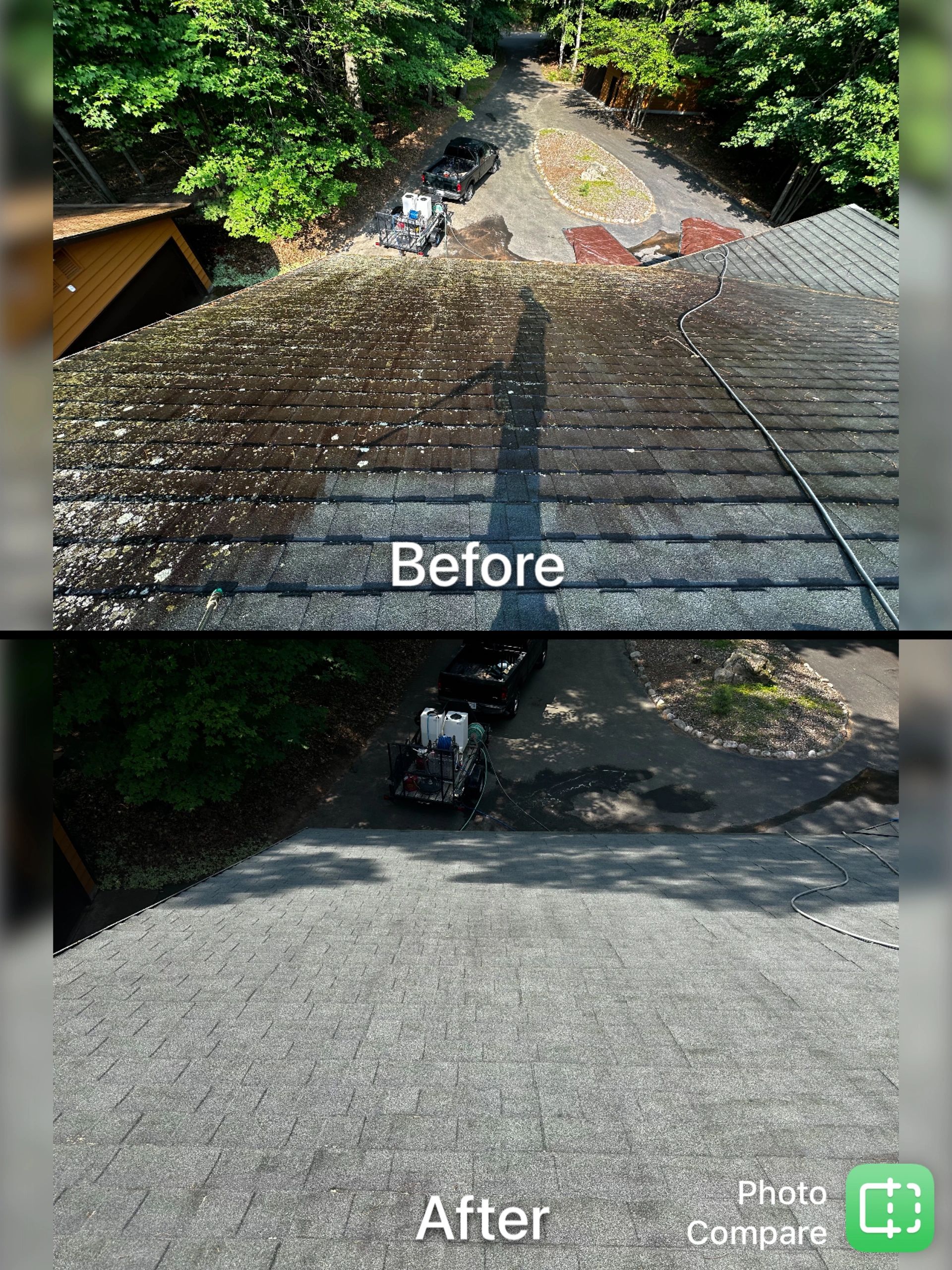 Before and after of a mossy shingle roof cleaned to even gray. Photo from the Property Management Solutions site.