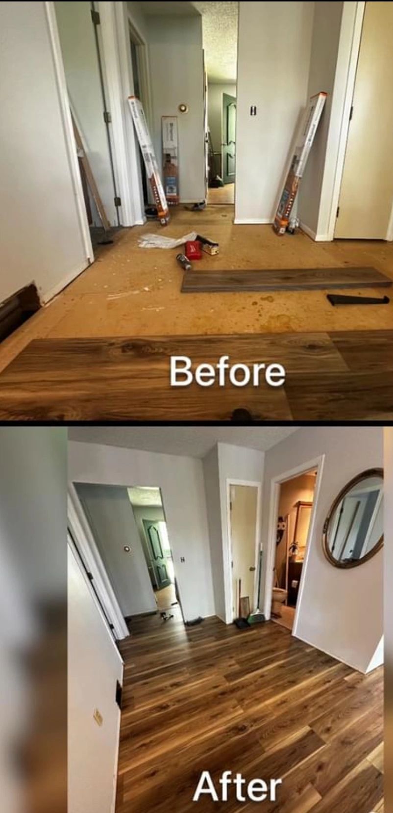 Hallway flooring before and after, from bare subfloor to finished wood-look planks. Photo from the Property Management Solutions site.