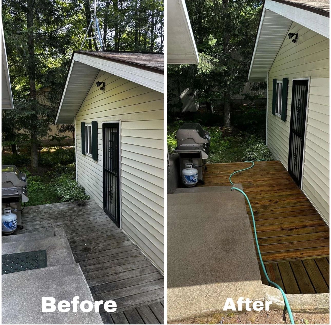 Deck, steps, and siding before and after a wash. Photo from the Property Management Solutions site.