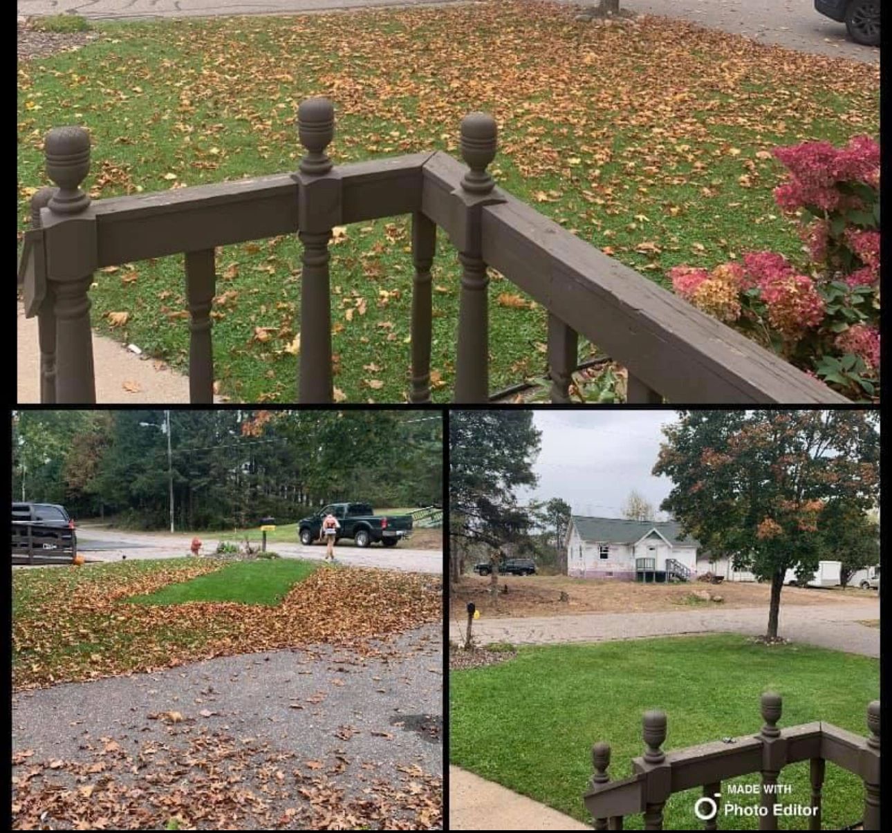 Fall leaf clean-up collage: a lawn buried in leaves, then cleared. Photo from the Property Management Solutions site.