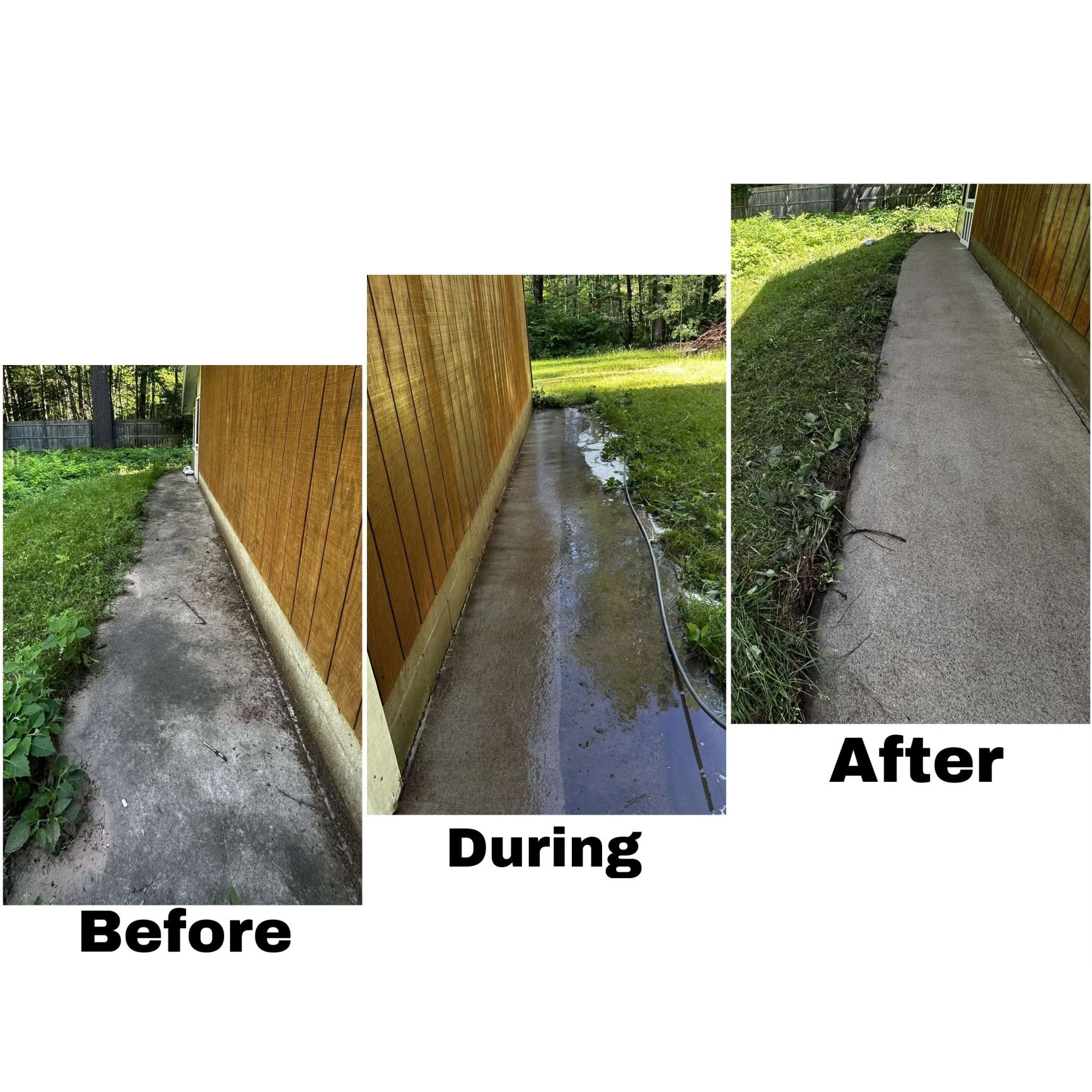 Concrete walkway before, during, and after a pressure wash. Photo from the Property Management Solutions site.
