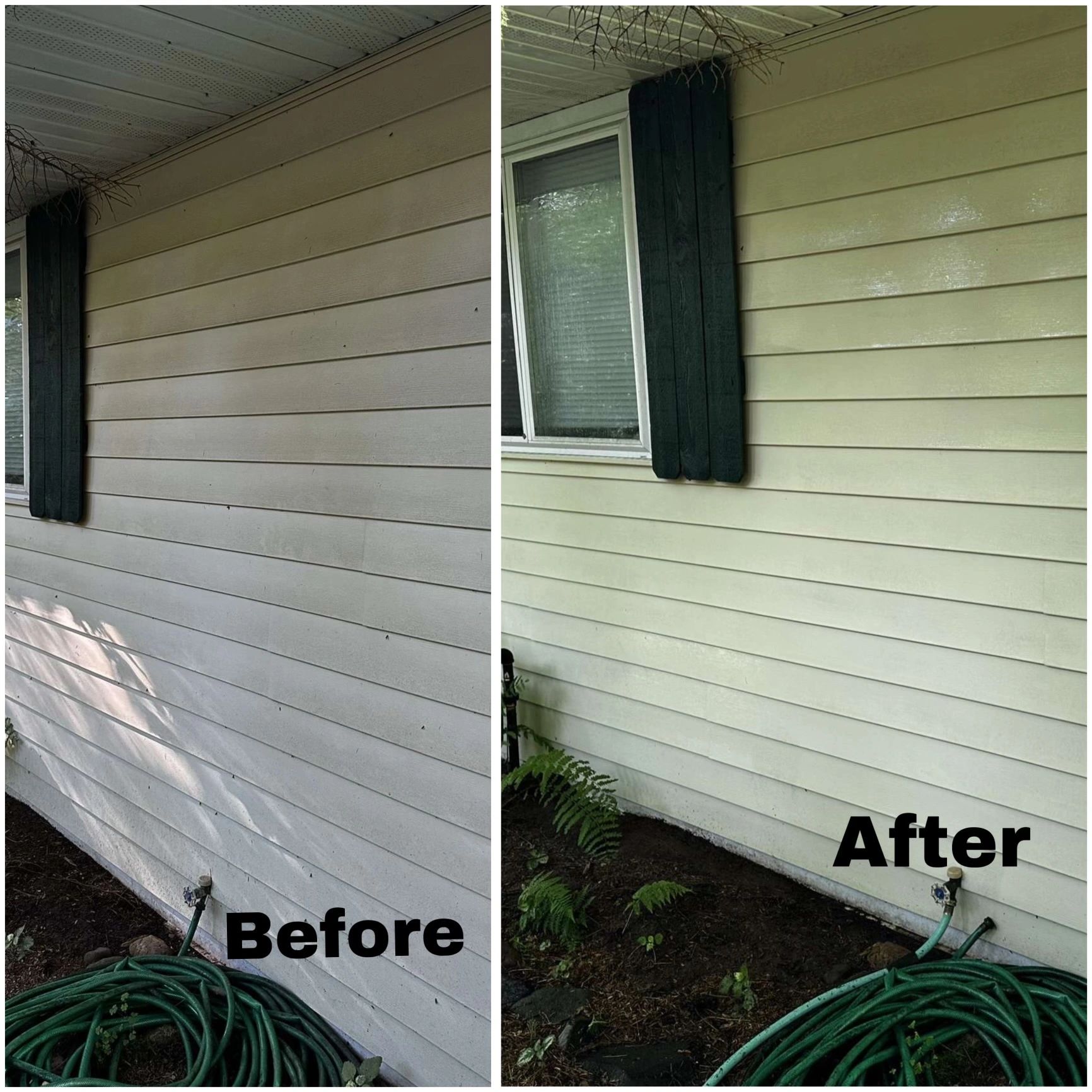 Cream siding split before and after a wash. Photo from the Property Management Solutions site.